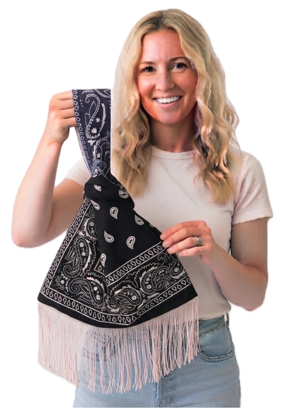 NEW Handmade Black & White Bandana Paisley Japanese Knot Bag with White Fringes
